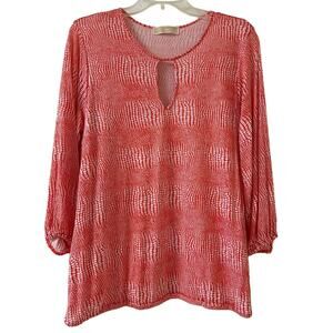 Michael Kors, Orange &. White Top 3/4 Sleeve Keyhole Neckline Gathered Hem